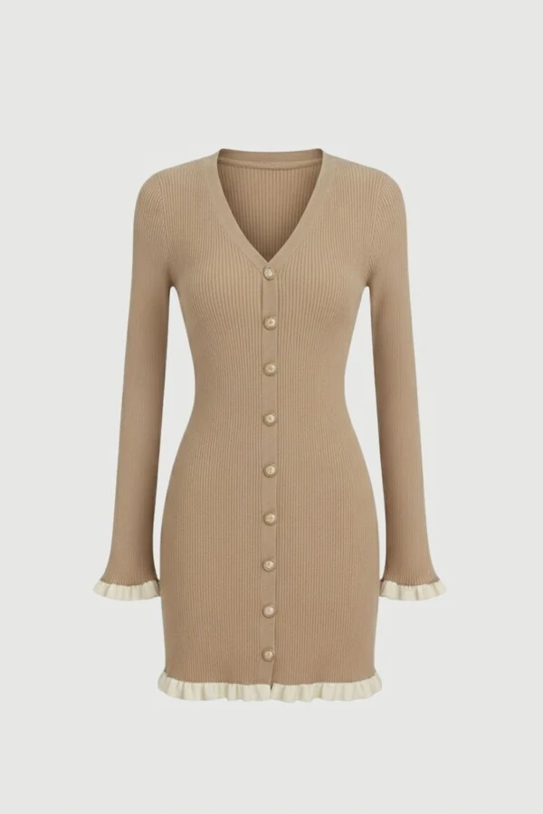 Vestido evasê em tricot canelado e botões frontais Kwi