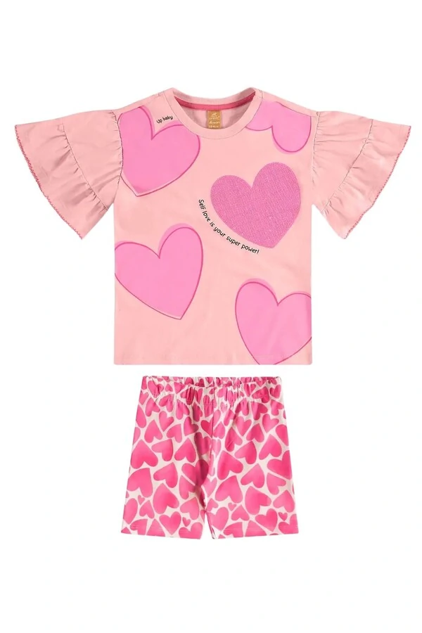 Conjunto blusa em meia malha e bermuda ciclista de corações Up Baby