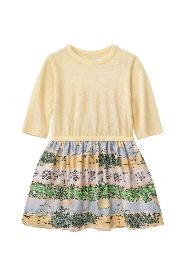 Vestido infantil em tricot e viscose estampada Juliana Gevaerd