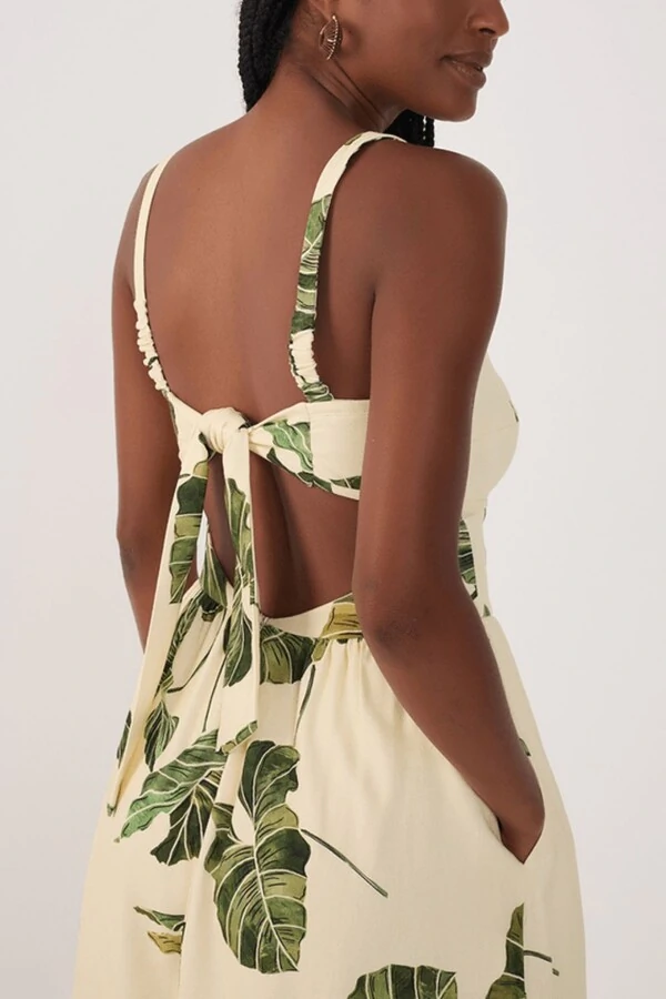 Vestido midi linho estampa folhar Dress to