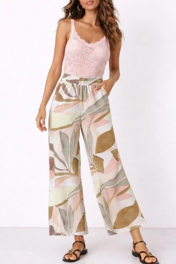 Calça pantalona estampada c/ cós elástico Kwi