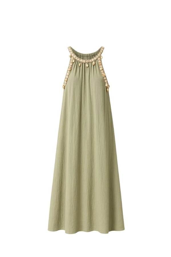 Vestido longo com decote decorado em conchas Kwi