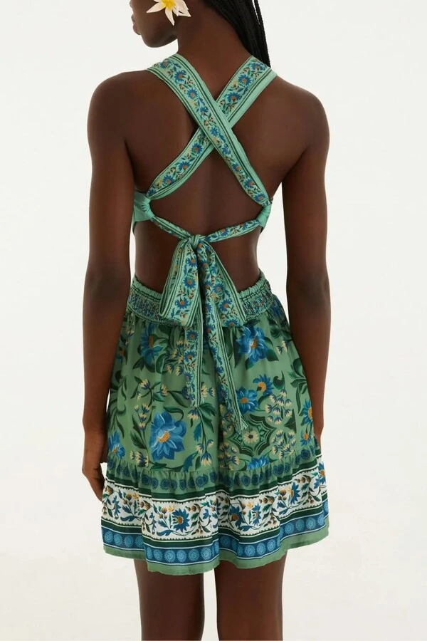 Vestido curto azulejo florido Farrm