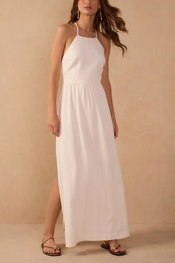 Vestido cropped linho risca de giz Dress to