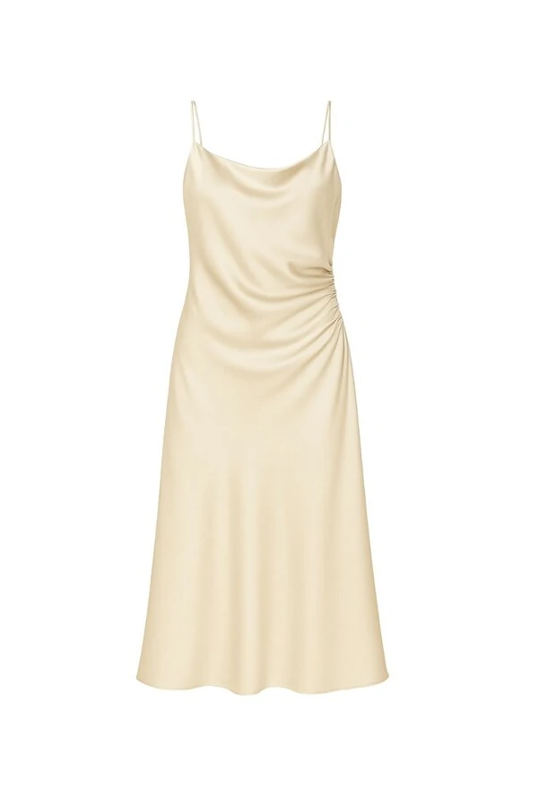 Vestido cetim dradeado cintura Kwi