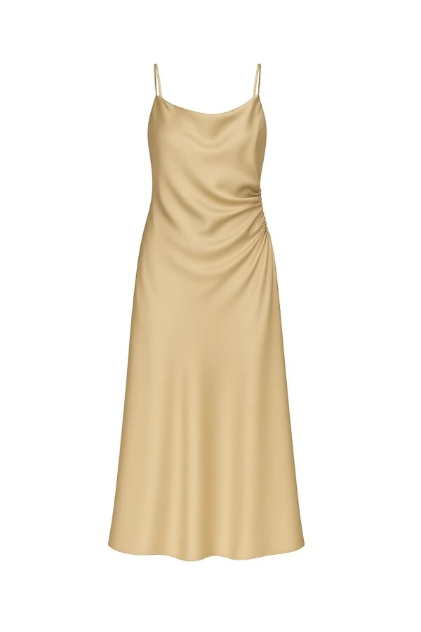 Vestido cetim dradeado cintura Kwi