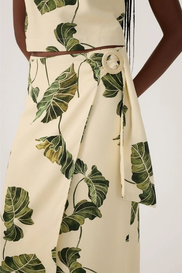 Saia pareô linho estampa folhar Dress to