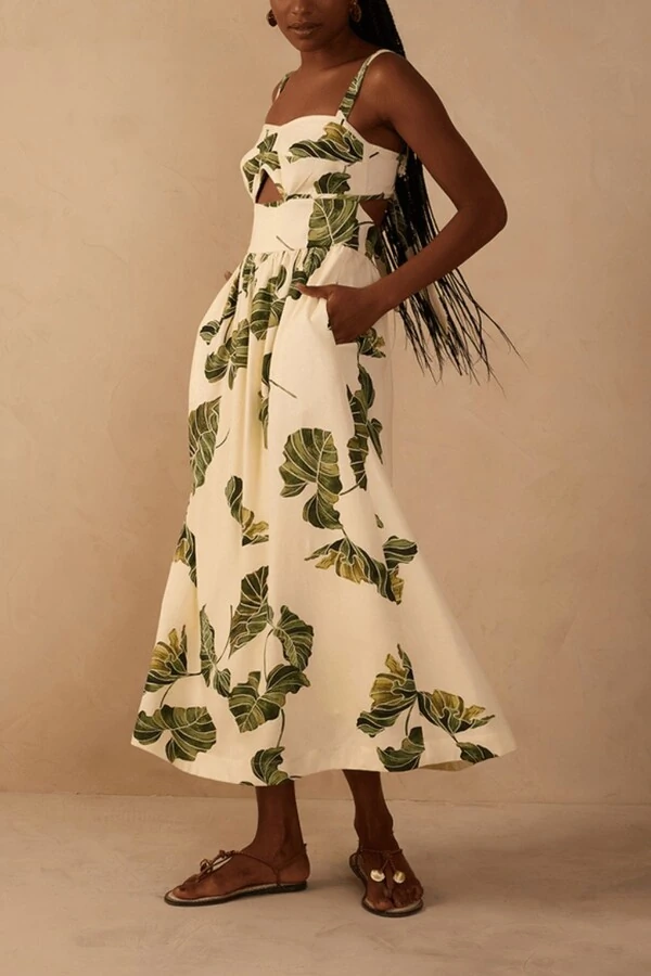 Vestido midi linho estampa folhar Dress to