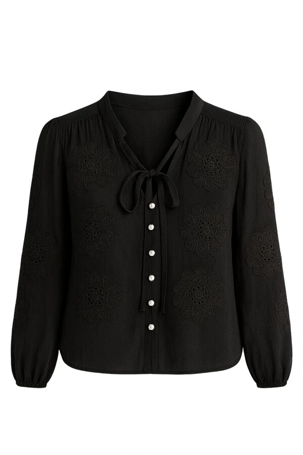 Camisa bordada com gola laço feminina Kwi