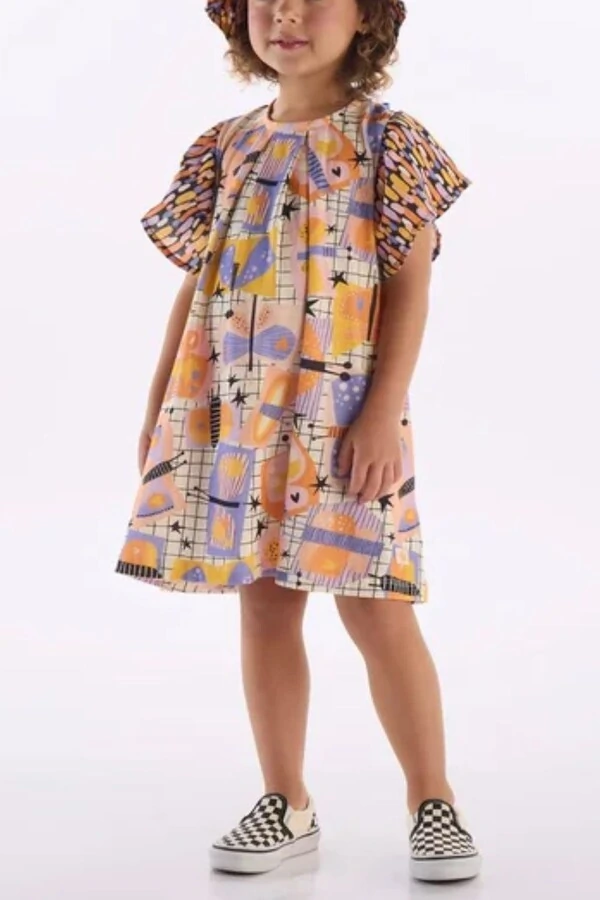 Vestido manga curta em meia malha com linho Três e Já