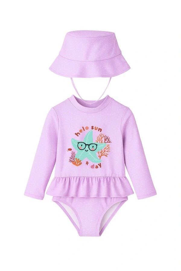 Conjunto maiô manga longa com chapéu Kwi