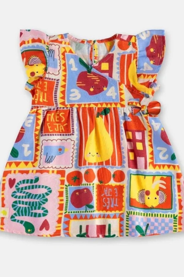 Vestido manga curta em viscolinho digital Três e Já