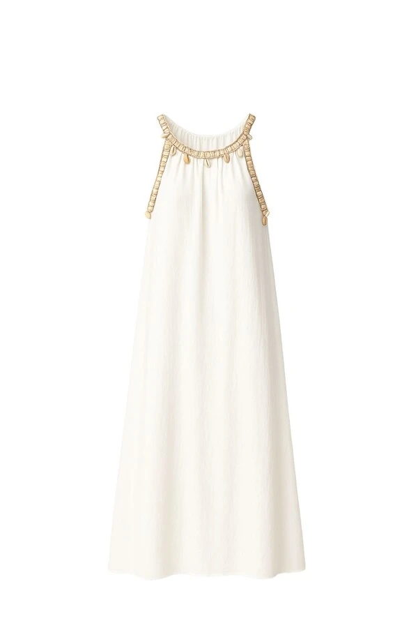 Vestido longo com decote decorado em conchas Kwi