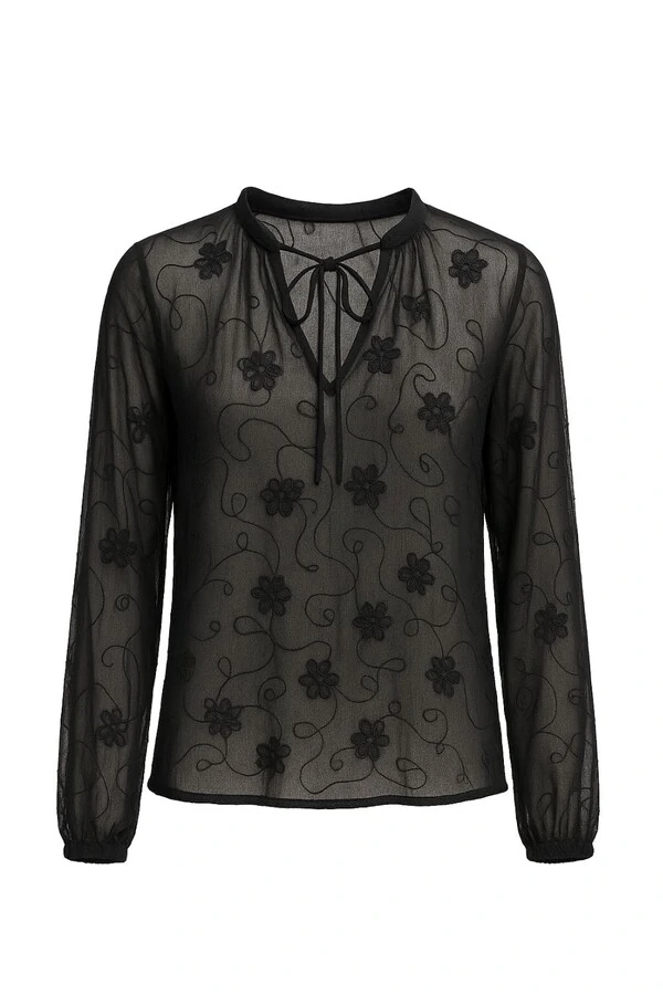 Blusa transparente com bordado floral Kwi
