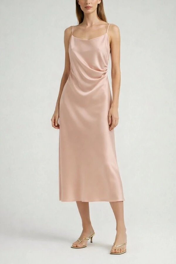 Vestido cetim drapeado cintura Kwi