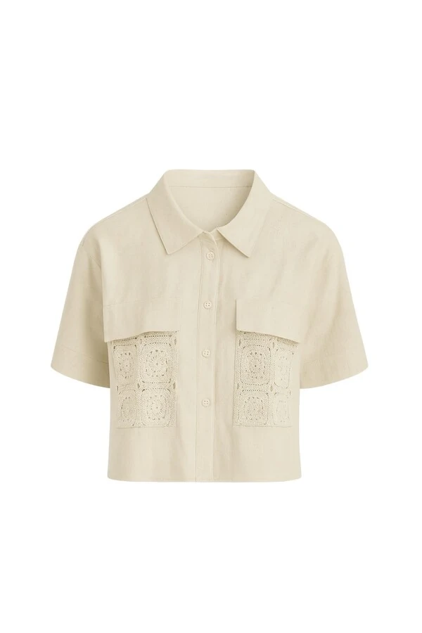 Camisa feminina com bolsos crochê Kwi