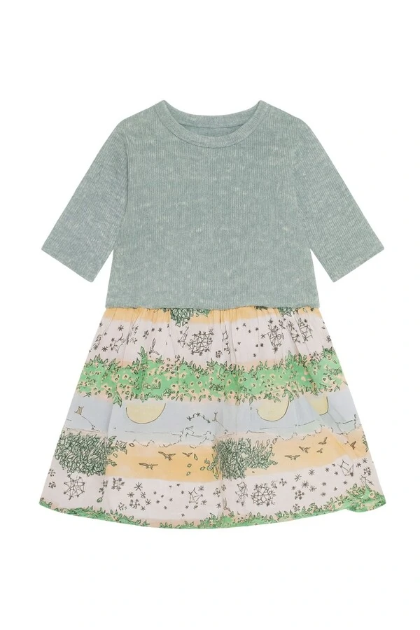 Vestido infantil em tricot e viscose estampada Juliana Gevaerd