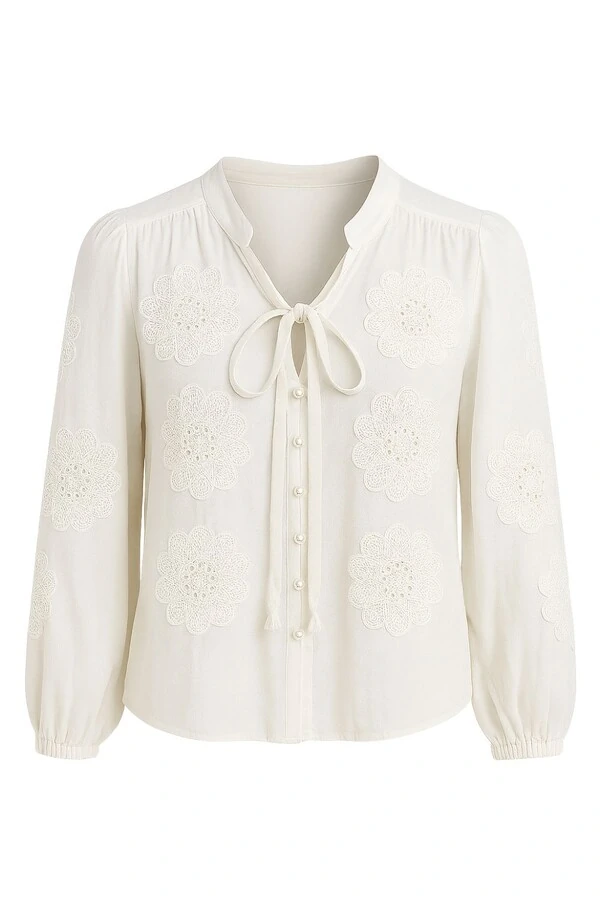Camisa bordada com gola laço feminina Kwi