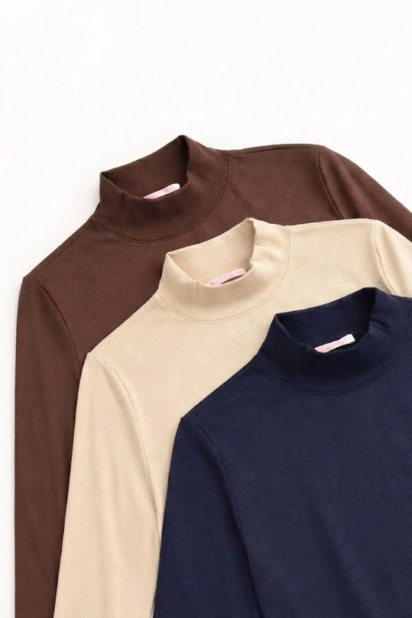 Blusa feminina básica de manga longa com gola alta em malha KWI