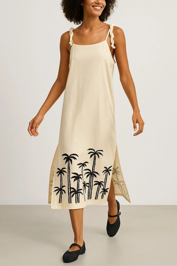 Vestido com alças em cordão e bordado Kwi