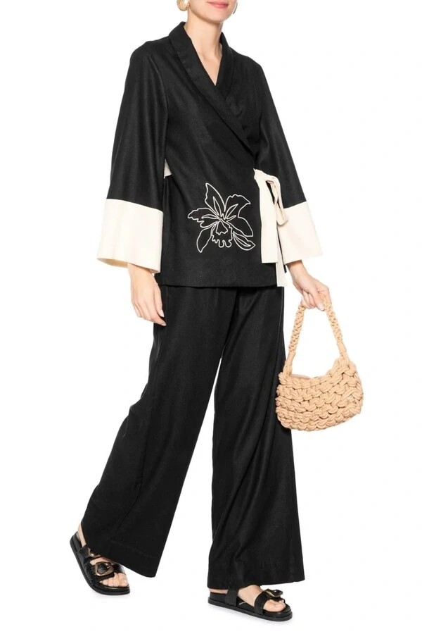 Kimono linho bordado floral Dress to