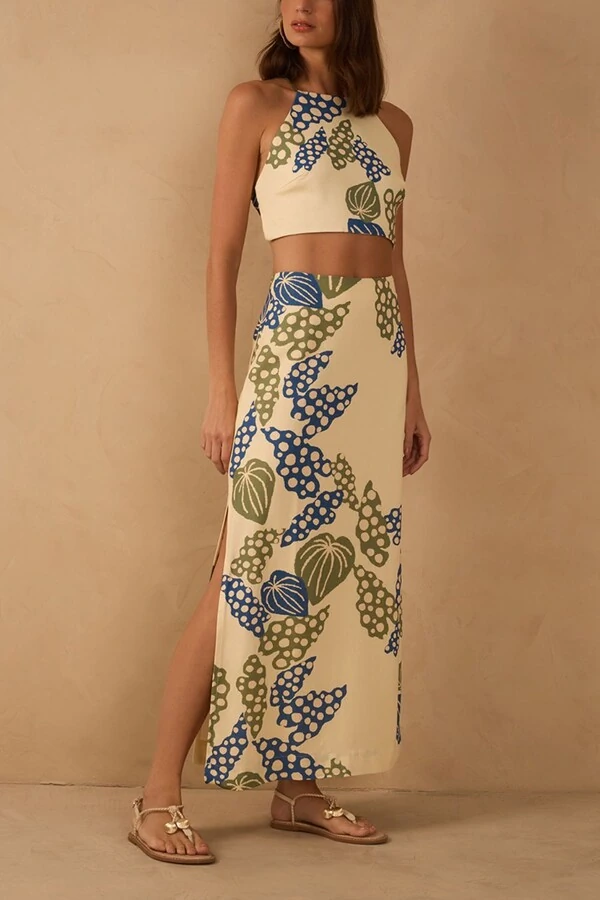 Saia cropped linho estampa begonia Dress to