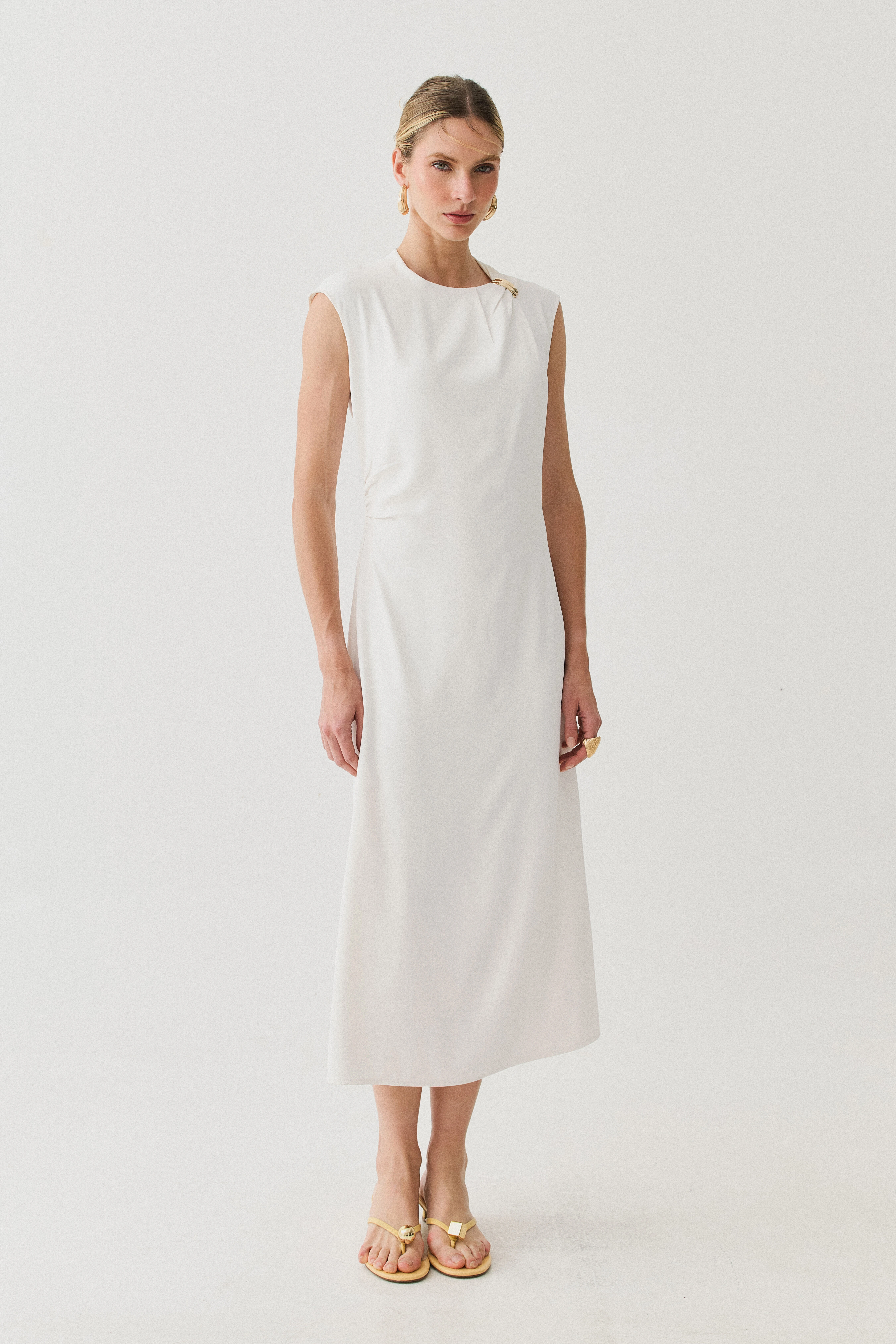 Foto Vestido Midi Regata Assimétrica Decote Pregas Gold