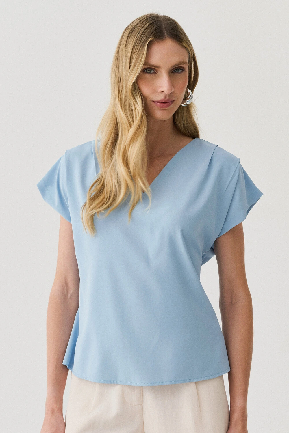 Foto Blusa Manga Morcego Decote V Ombro Pregas Double