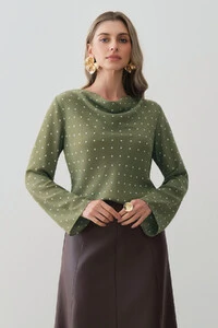 Blusa Poa Manga Longa Evasê Gola Drapeada