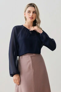 Blusa de Chiffon Yoryu Manga Longa Decote Gota Laço