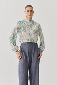 Blusa Assimétrica Abstrata Manga Longa Punho Double Gola Careca Baixa Ombro Direito Pregas Double