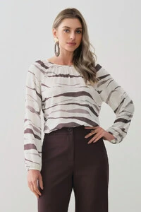 Blusa Zebra Abstrata Manga Longa Raglan Decote Franzido