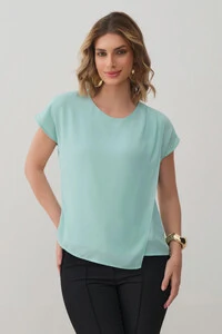 Blusa Dupla Assimétrica Transpassada Manga Morcego Ombro Esquerdo Pregas Triple