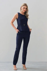 Conjunto de Alfaiataria de Blusa Regata Recorte Cinto Gold e Calça Reta
