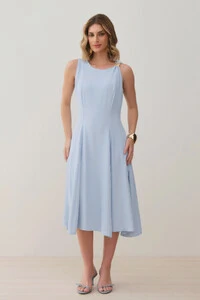 Vestido Midi Evasê Regata Assimétrico Pregas Ombro Esquerdo Gold