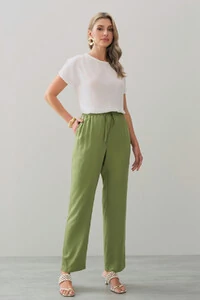 Calça Reta Cintura Elástico Laço