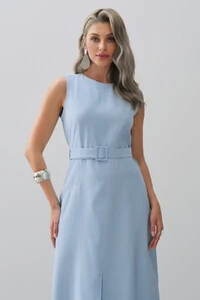 Vestido Midi Regata de Alfaiataria Recortes Cinto Fivela Forrada Fenda Frontal