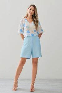 Blusa Abstrata Triângulo Manga 3/4 Elástico Decote V