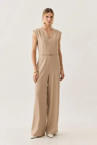 Macacão Regata de Alfaiataria Decote V Ombro Pregas Cinto Fino Gold