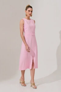 Vestido Midi Regata de Alfaiataria Recortes Cinto Fivela Forrada Fenda Frontal