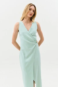 Vestido Midi Regata Transpassado de Linho Lateral Franzida Gold