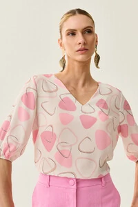 Blusa Abstrata Triângulo Manga 3/4 Elástico Decote V