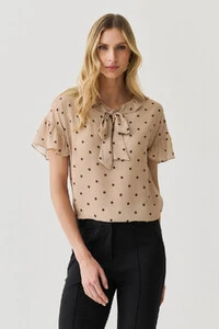 Blusa Poa Manga Franzida Decote Babado Laço