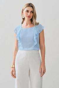 Regata Decote Quadrado Recortes Babado Laço Costas