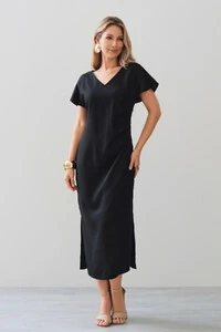 Vestido Midi Assimétrico de Linho Manga Morcego Decote V Lateral Pregas