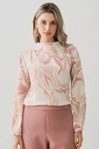 Blusa Assimétrica Abstrata Manga Longa Punho Double Gola Careca Baixa Ombro Direito Pregas Double