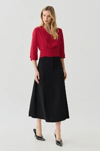 Blusa Crop Manga 3/4 Decote V Cintura Pregas Double