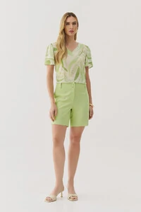 Blusa Folhagem Manga Dupla Decote V