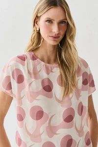 Blusa Abstrata Manga Morcego Ombro Pregas Double