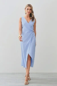 Vestido Midi Regata Transpassado de Linho Lateral Franzida Gold